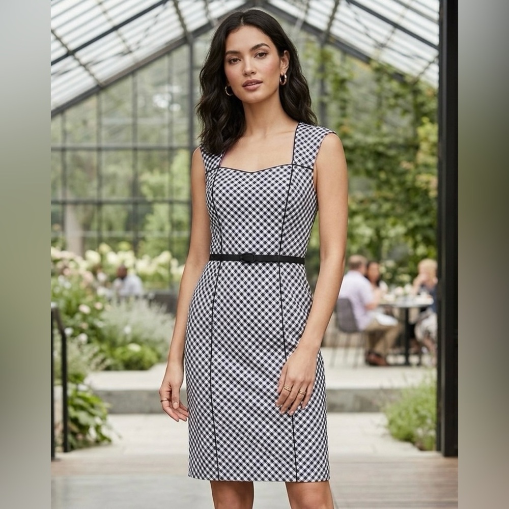 White House Black Market Gingham Plaid Print Sheath Dress with Thin Belt (NWT)